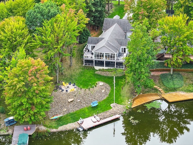 drone / aerial view with a water view