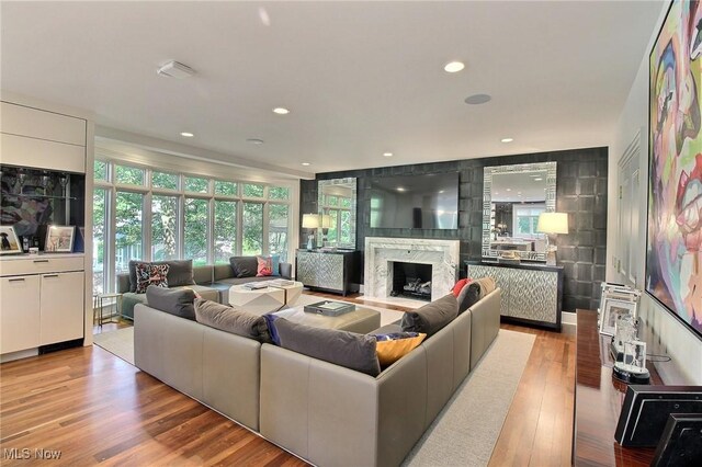 living room featuring a premium fireplace and light wood-type flooring