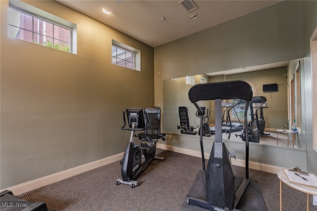 exercise room with a textured ceiling and carpet