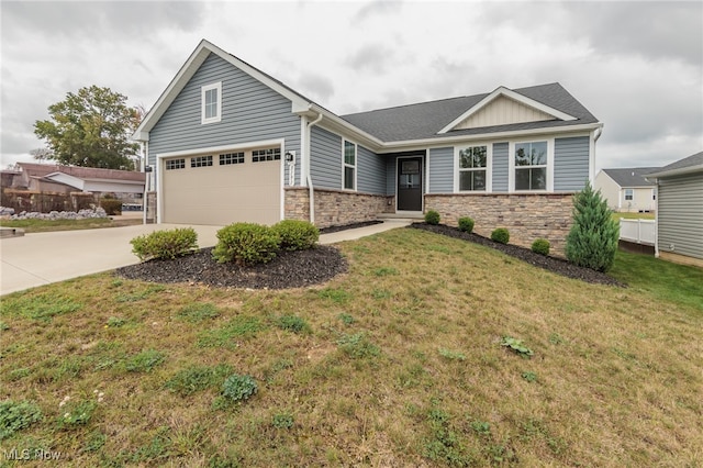 craftsman-style home with a garage and a front lawn