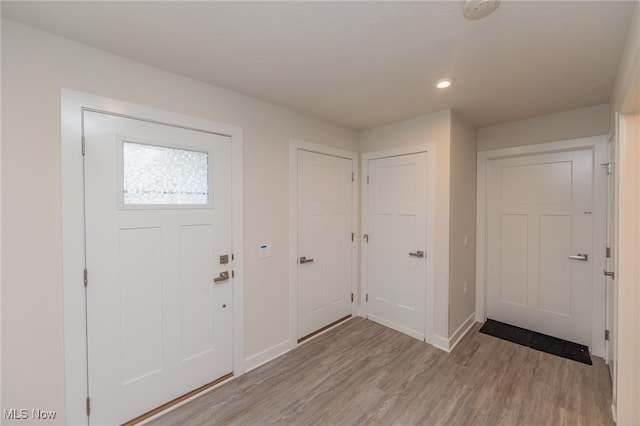 foyer entrance with light hardwood / wood-style flooring