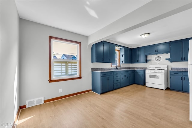 kitchen with blue cabinetry, light hardwood / wood-style floors, sink, and white stove