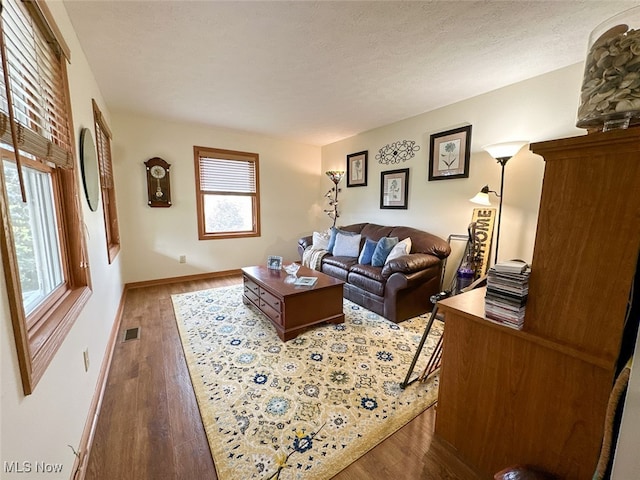 living room featuring hardwood / wood-style flooring and a textured ceiling