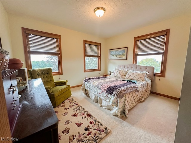 carpeted bedroom with multiple windows and a textured ceiling