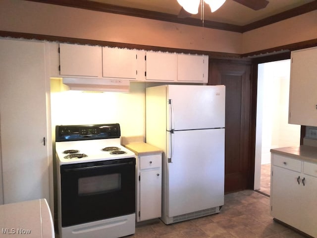 kitchen with ceiling fan, ornamental molding, white appliances, and white cabinetry