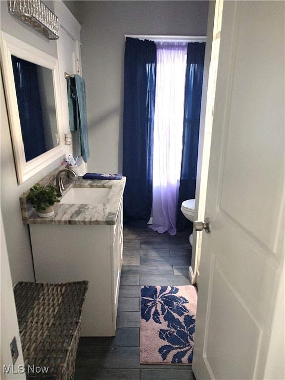 bathroom with vanity, toilet, and hardwood / wood-style flooring