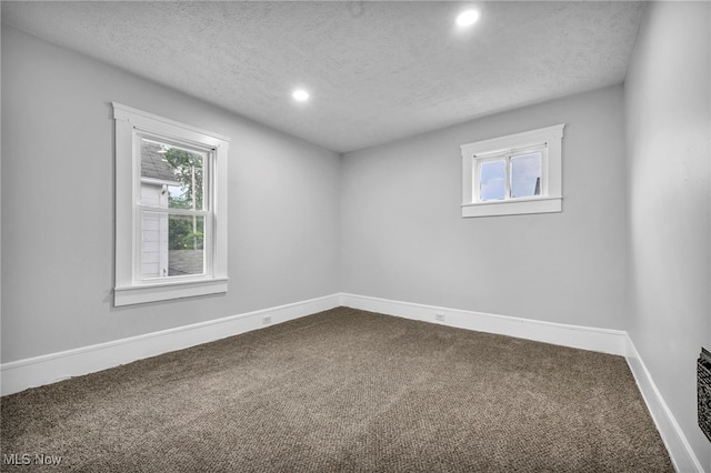 empty room featuring a textured ceiling, carpet flooring, and plenty of natural light