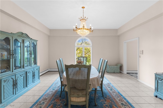 tiled dining room with baseboard heating and a chandelier