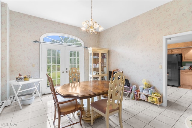 dining area with french doors, a notable chandelier, and light tile patterned floors