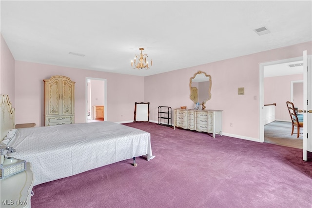 bedroom featuring an inviting chandelier and carpet