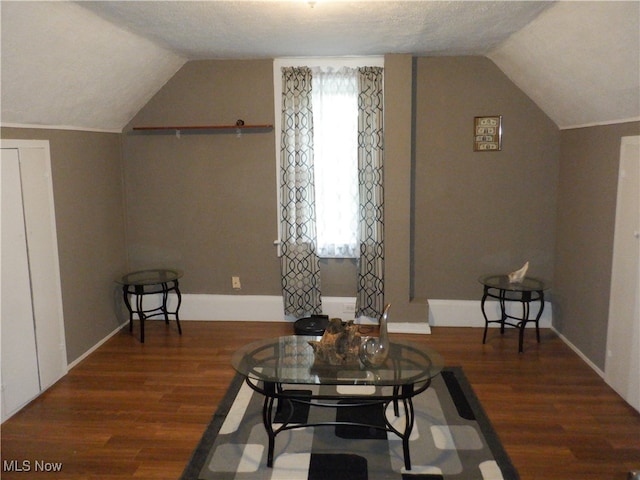 sitting room featuring a textured ceiling, dark hardwood / wood-style flooring, and vaulted ceiling