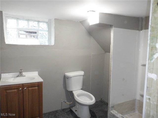 bathroom featuring vanity, toilet, and a shower