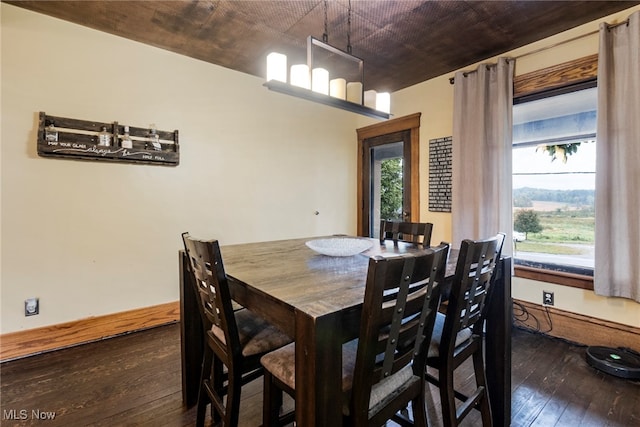 dining space with dark hardwood / wood-style flooring and a healthy amount of sunlight