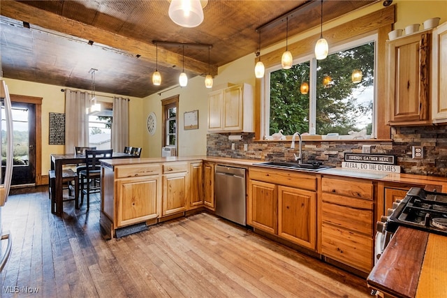 kitchen featuring dishwasher, hanging light fixtures, light hardwood / wood-style floors, and sink