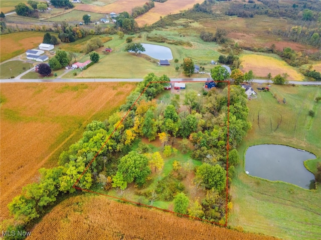 bird's eye view with a water view and a rural view