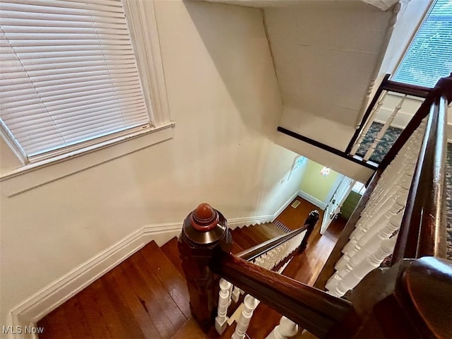 stairway with hardwood / wood-style floors