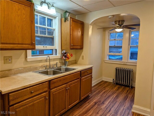 kitchen featuring radiator heating unit, ceiling fan, a paneled ceiling, dark wood-type flooring, and sink