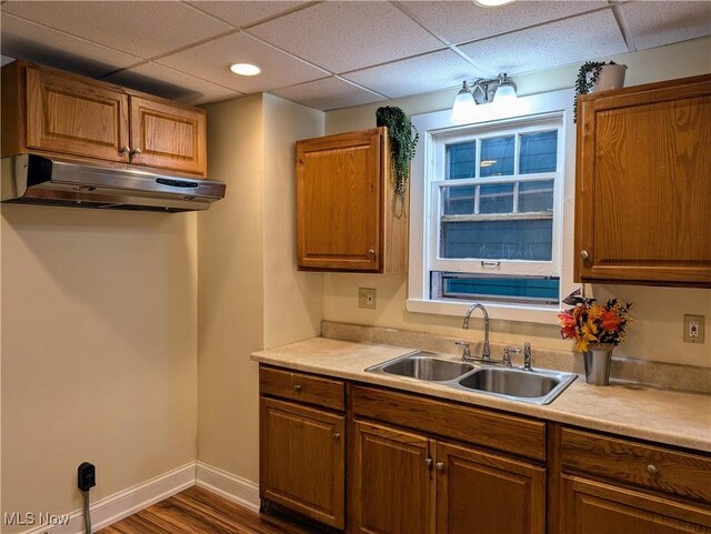 kitchen featuring a paneled ceiling, sink, and dark hardwood / wood-style flooring