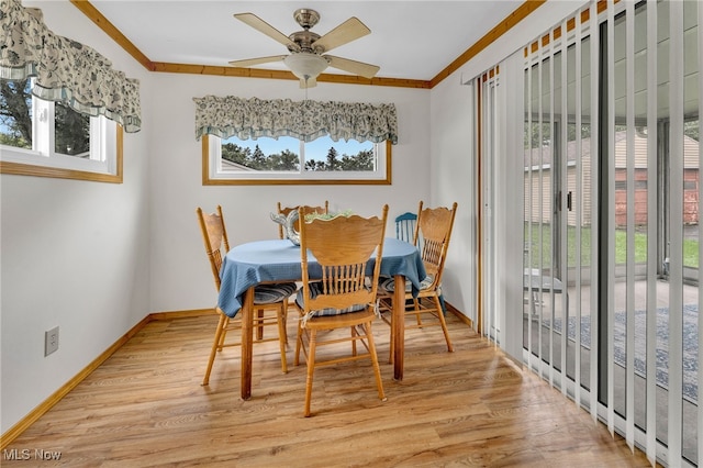 dining room featuring light wood-type flooring, ceiling fan, and a wealth of natural light