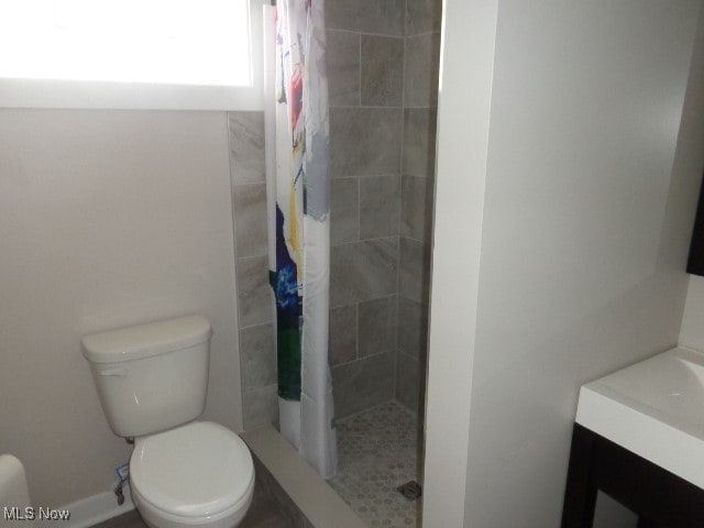 bathroom featuring walk in shower, vanity, and toilet