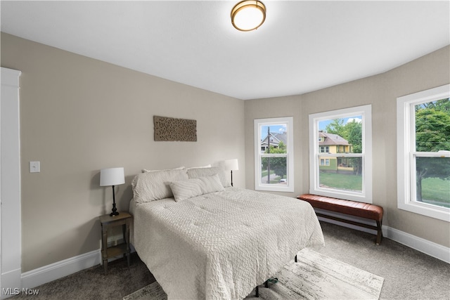 bedroom featuring dark carpet