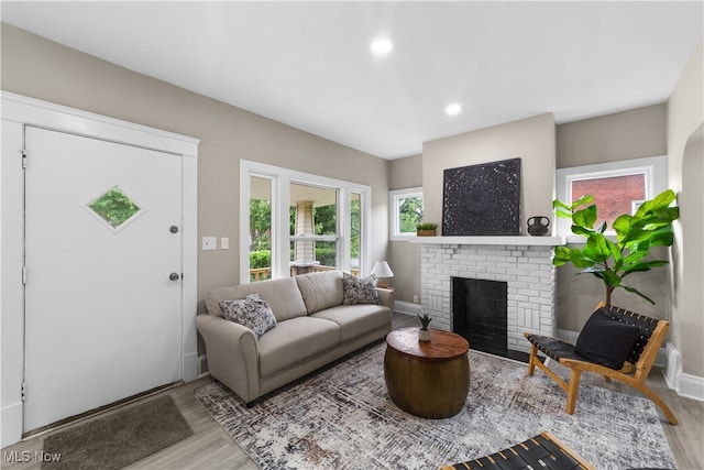 living room featuring a fireplace and light hardwood / wood-style floors