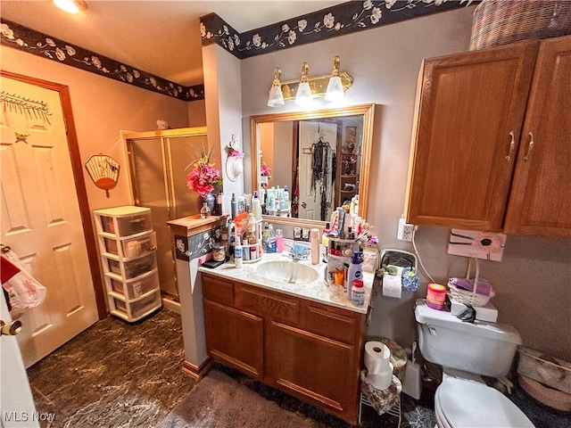 bathroom with toilet, walk in shower, and vanity