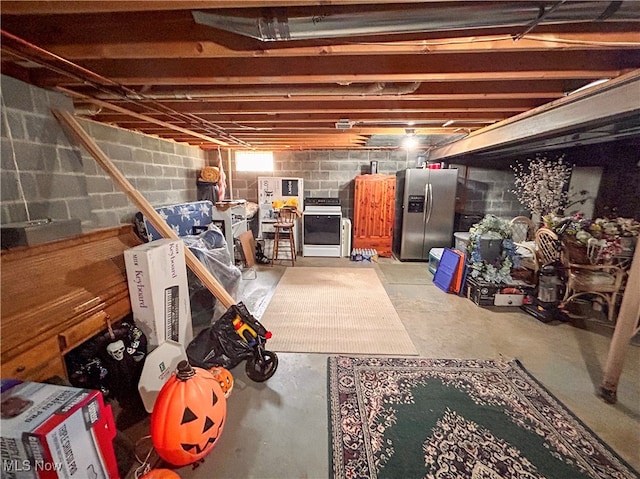 basement featuring stainless steel fridge