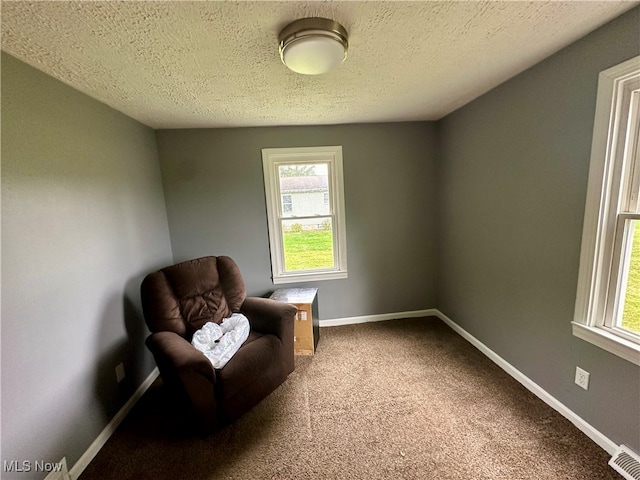 living area featuring a textured ceiling and carpet flooring