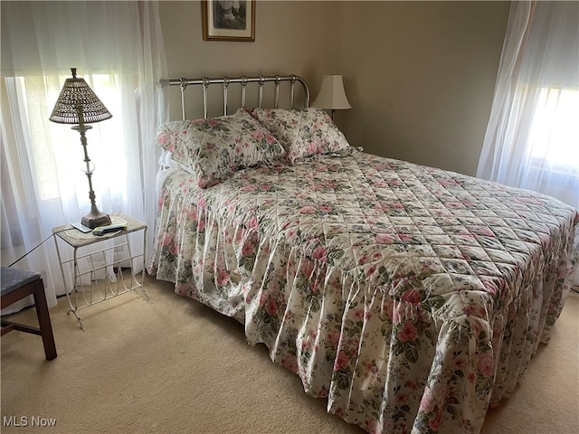 bedroom with multiple windows and light colored carpet