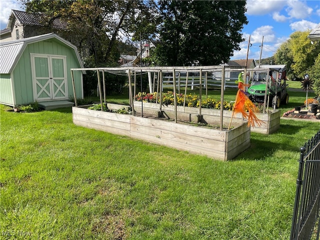 view of jungle gym featuring a storage shed and a yard