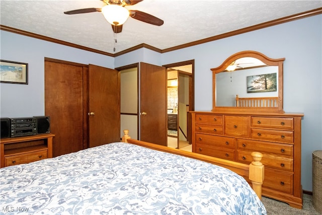 bedroom with a textured ceiling, crown molding, light carpet, and ceiling fan