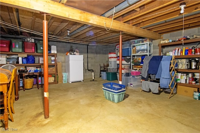 basement with white refrigerator