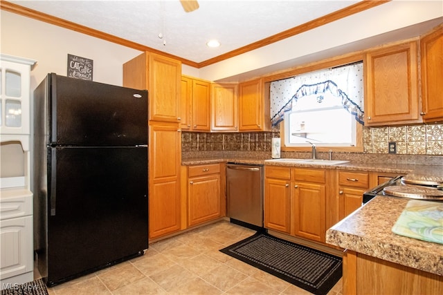 kitchen with appliances with stainless steel finishes, tasteful backsplash, light tile patterned floors, ornamental molding, and sink