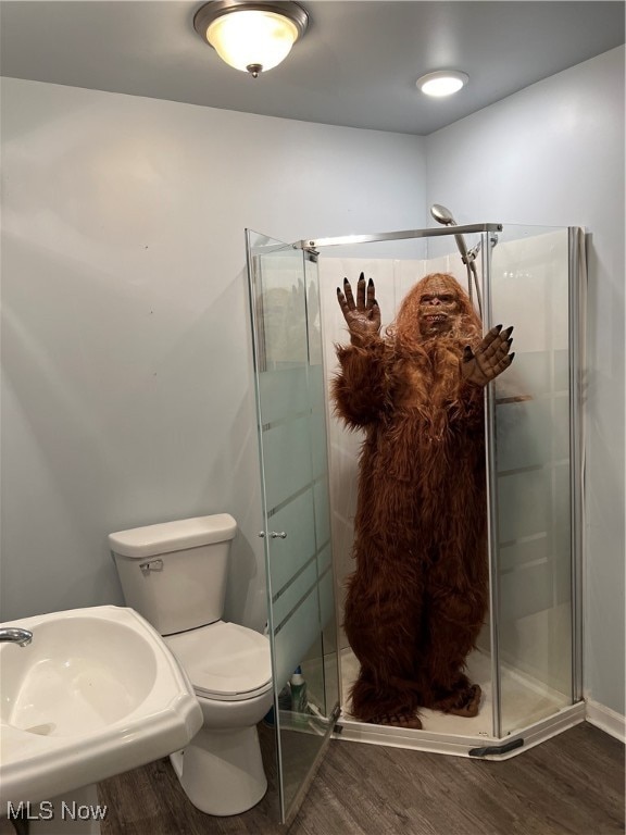 bathroom featuring walk in shower, wood-type flooring, and toilet