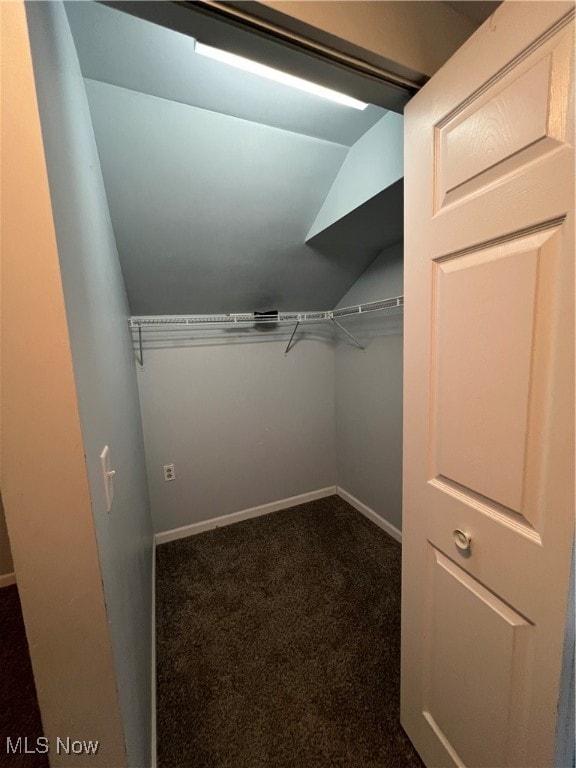 walk in closet with dark carpet and vaulted ceiling