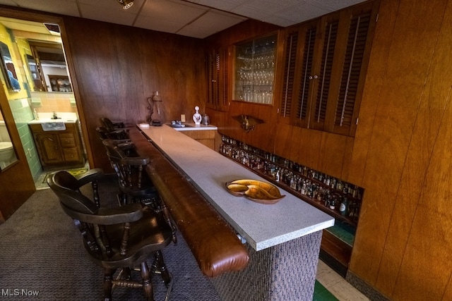 bar featuring light carpet, wooden walls, sink, and a paneled ceiling