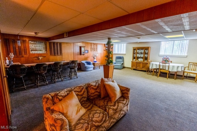 playroom with a wealth of natural light, carpet floors, and bar area