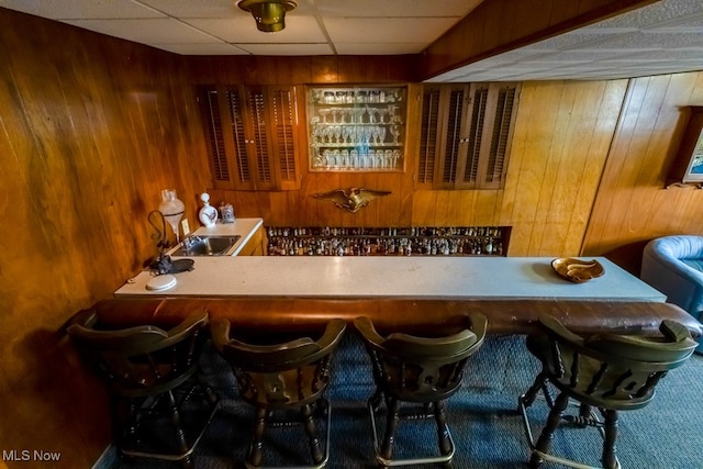 bar featuring a paneled ceiling, wooden walls, and sink