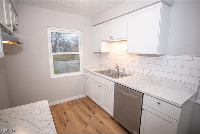 kitchen featuring sink, white cabinetry, light hardwood / wood-style flooring, dishwasher, and backsplash