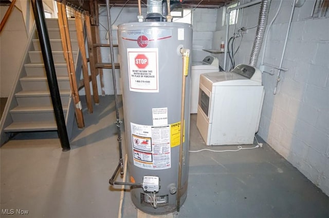 utility room with water heater and washer and clothes dryer