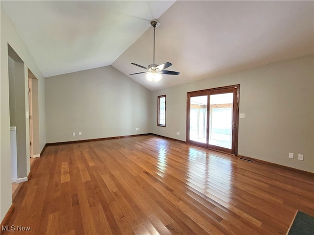 interior space featuring vaulted ceiling, ceiling fan, and hardwood / wood-style floors