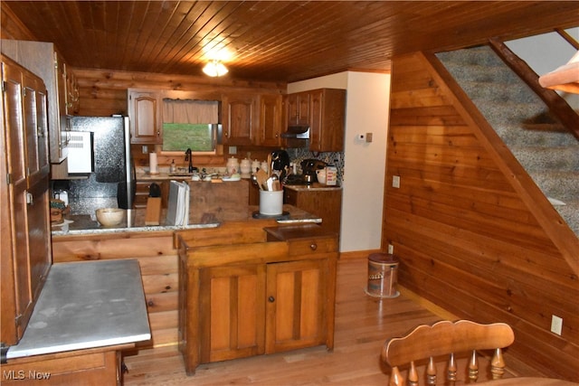 kitchen featuring decorative backsplash, wood ceiling, wooden walls, and light hardwood / wood-style flooring