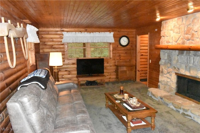 unfurnished living room with a fireplace, rustic walls, carpet flooring, and wooden ceiling