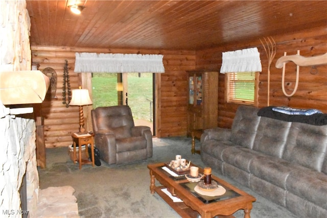 living room featuring rustic walls, wood ceiling, a fireplace, and carpet flooring