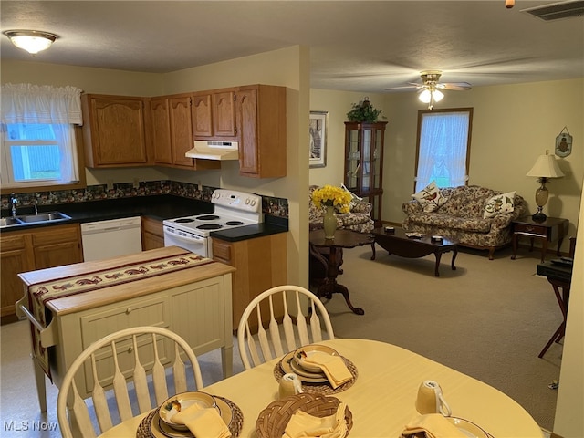 4865 Kathryn Dr, Geneva, OH 44041 - kitchen with ceiling fan, sink, white appliances, a textured ceiling, and light colored carpet