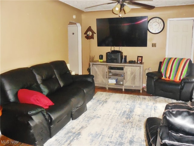 living room featuring ceiling fan and wood-type flooring