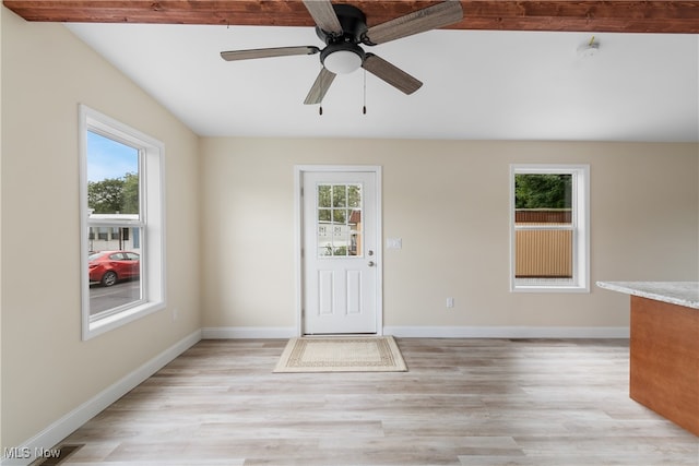 interior space featuring ceiling fan, plenty of natural light, and light hardwood / wood-style floors