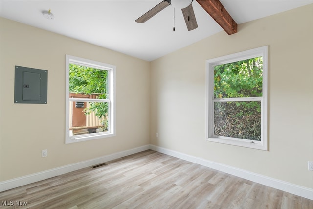 unfurnished room with ceiling fan, electric panel, light wood-type flooring, and lofted ceiling with beams