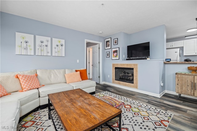 living room featuring a tile fireplace and dark hardwood / wood-style floors